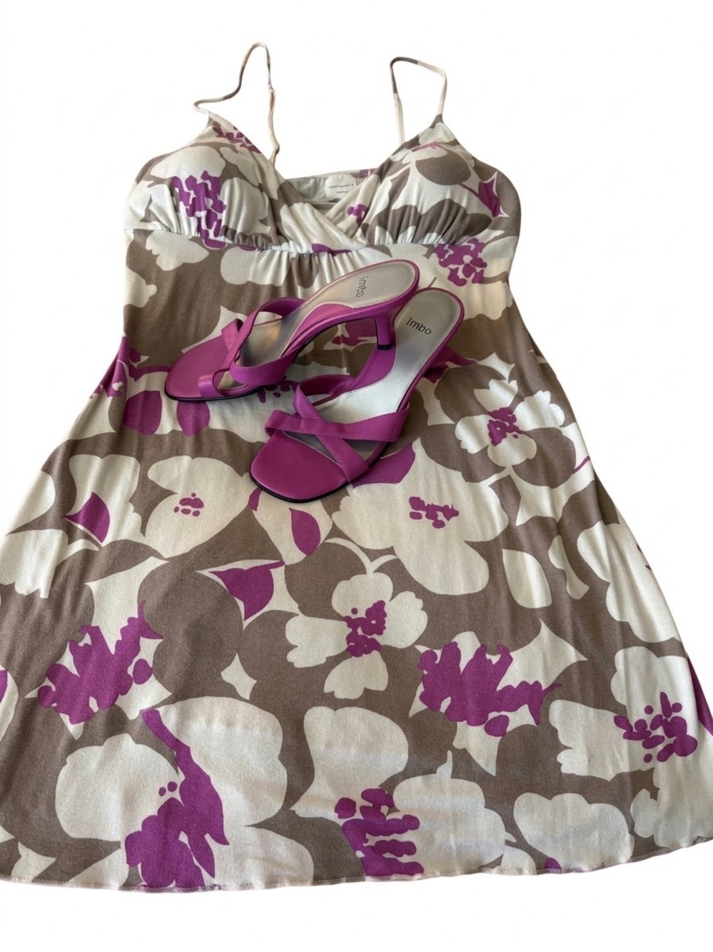 Floral Spaghetti-Strap Women’s Dress in Magenta and Cream with Matching Sandals